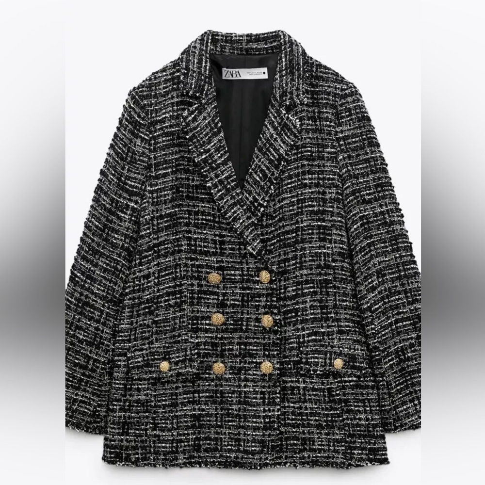 Bloggers Favorite Zara Women's DoubleBreast Tweed Textured Black & White Blazer - Picture 12 of 16